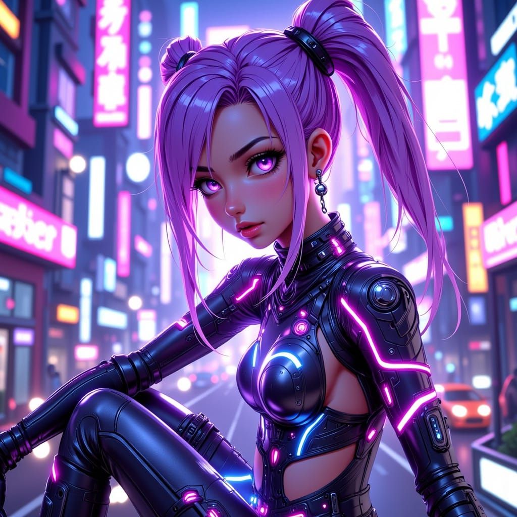 Anime Girl in Pastel Purple Hair Flies Above Futuristic City