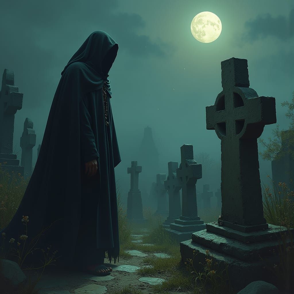 Grim Reaper Watching Souls Rise in Dark Cemetery