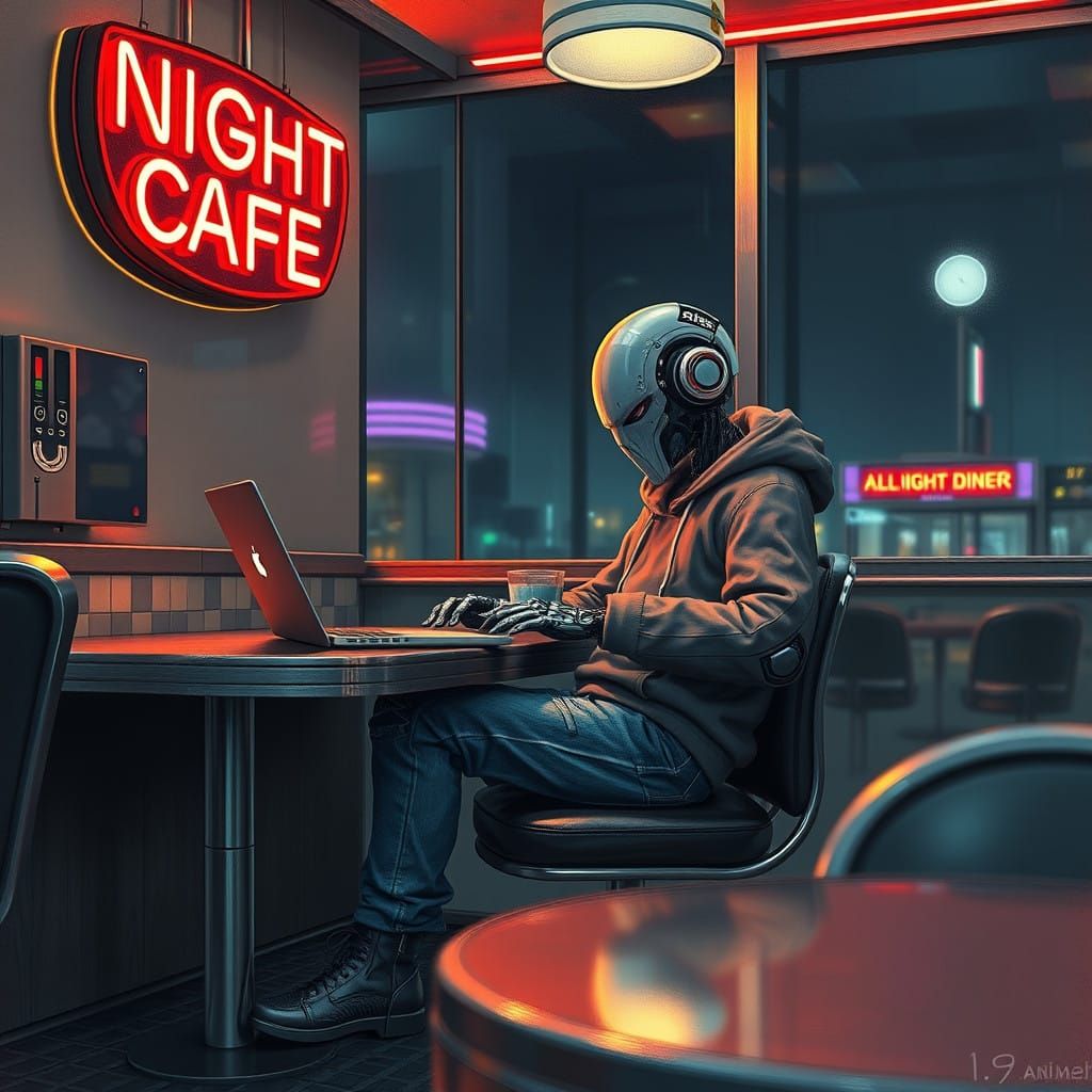 Cyberpunk Robot in a Late Night Diner