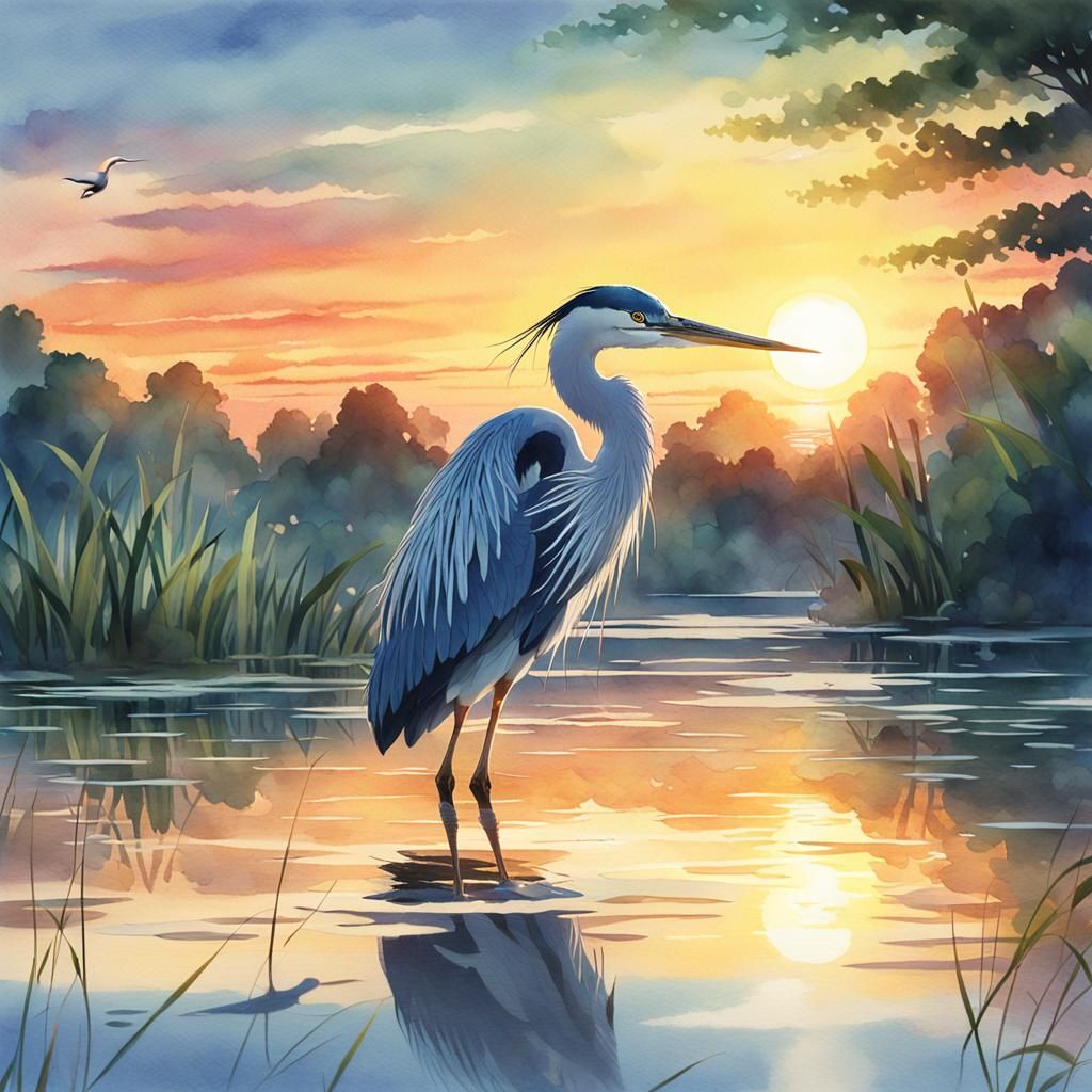 Heron at Sunset: Watercolor Anime Key Visual