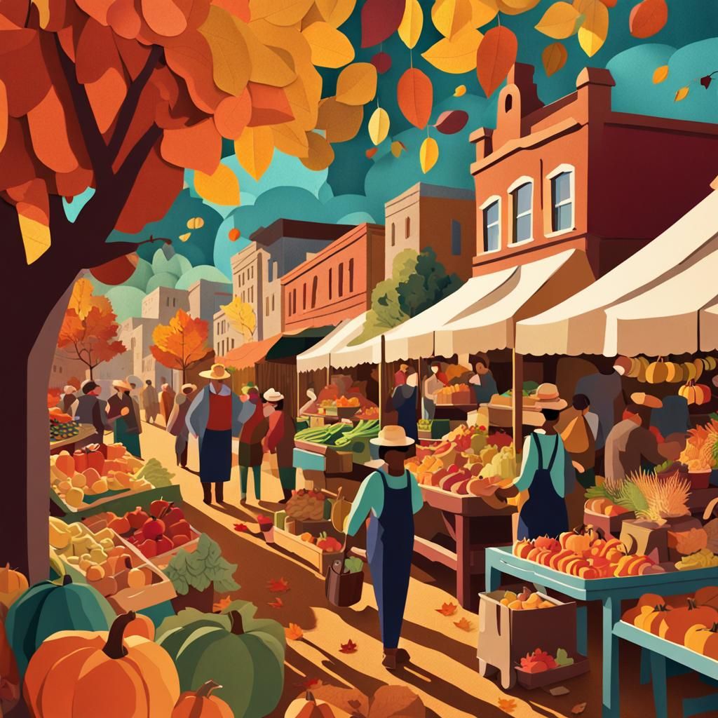 Vibrant Autumn Market as Paper Collage