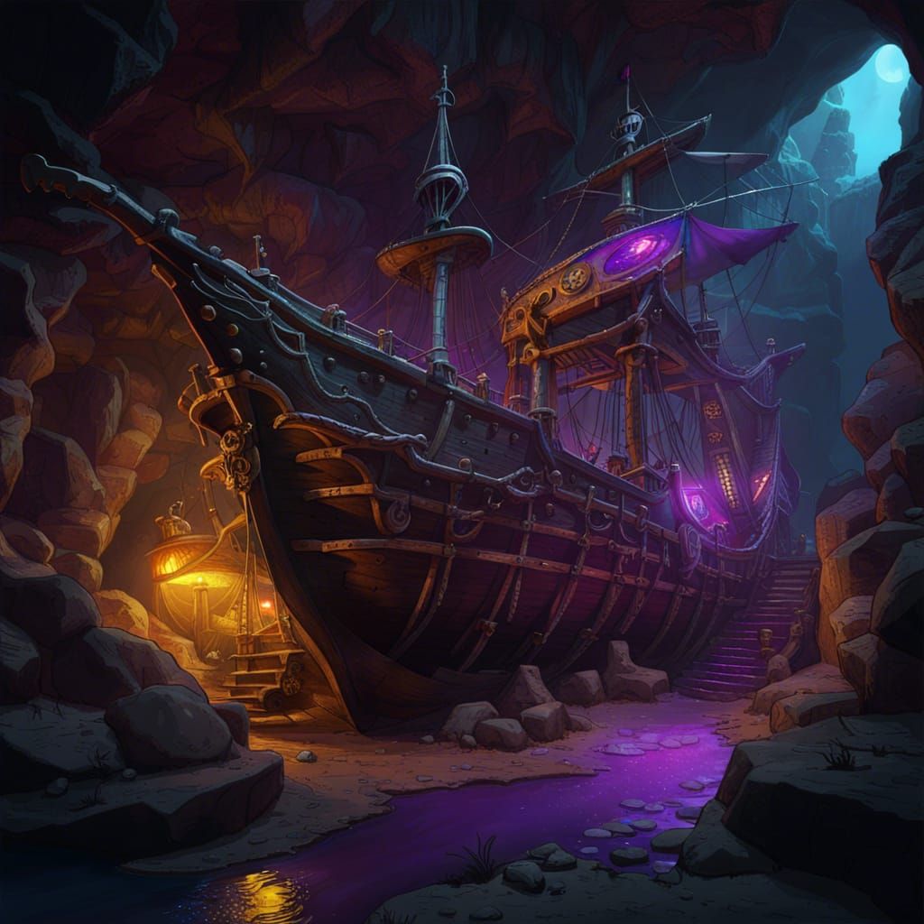 Undead Pirate Ship in a Dark Fantasy Cave