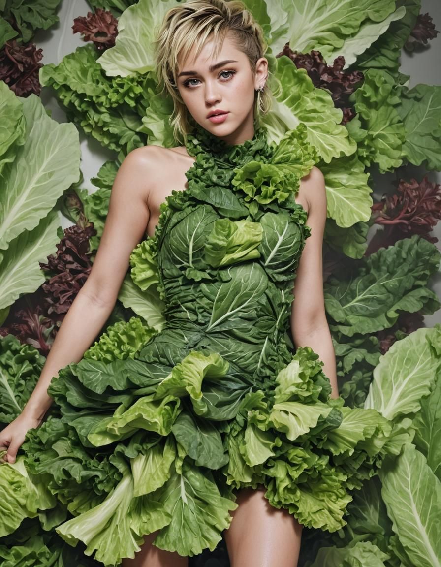 Miley Cyrus in Leafy Lettuce Dress: Digital Portrait