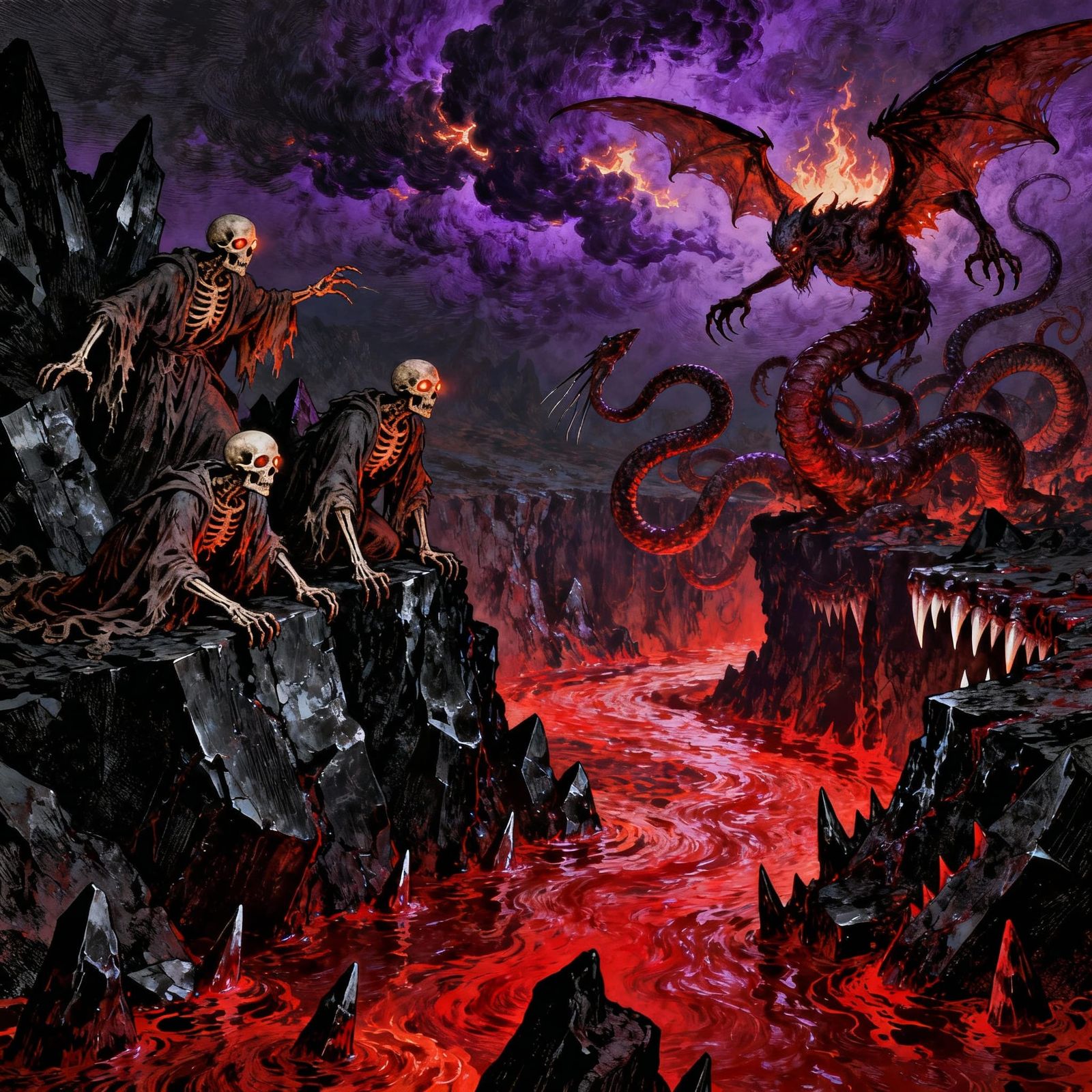 Hell's Depths: Skeletal Figures and Blood Rivers