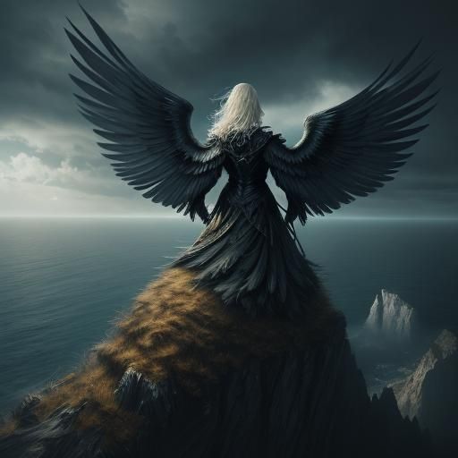 Angel on Stormy Cliffs in Dark Fantasy Style