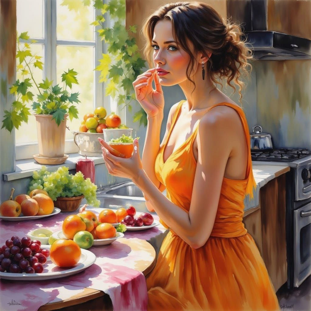 Woman Eating Grapes in Kitchen, Watercolor Style