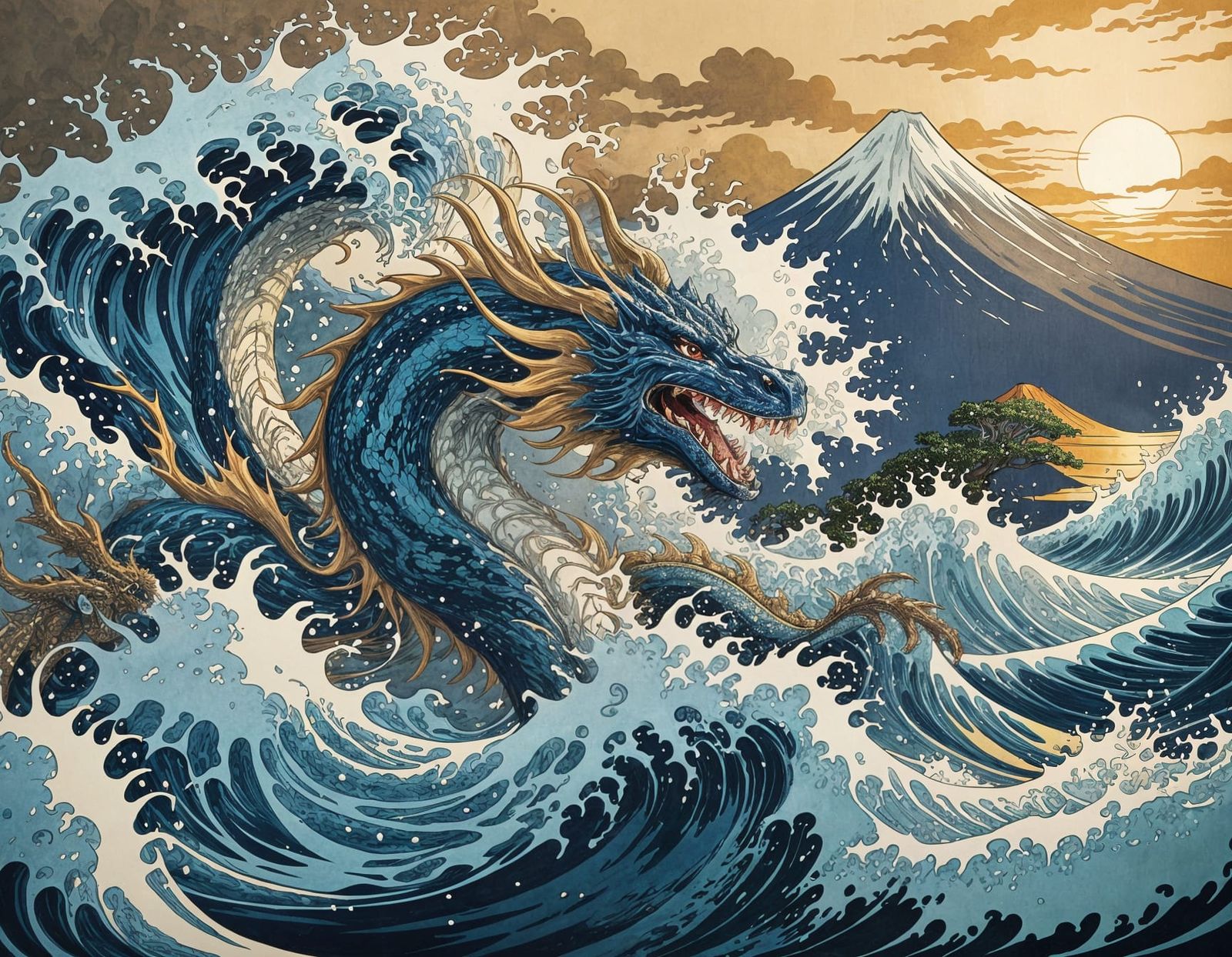 Majestic Japanese Dragon Crashes into Waves in a Hokusai-Ins...