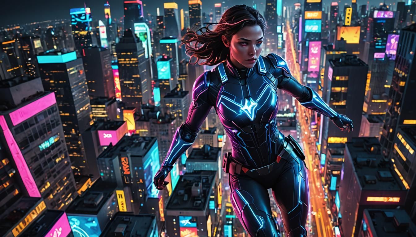 Female superhero shown dynamically within the neon-lit cityscape