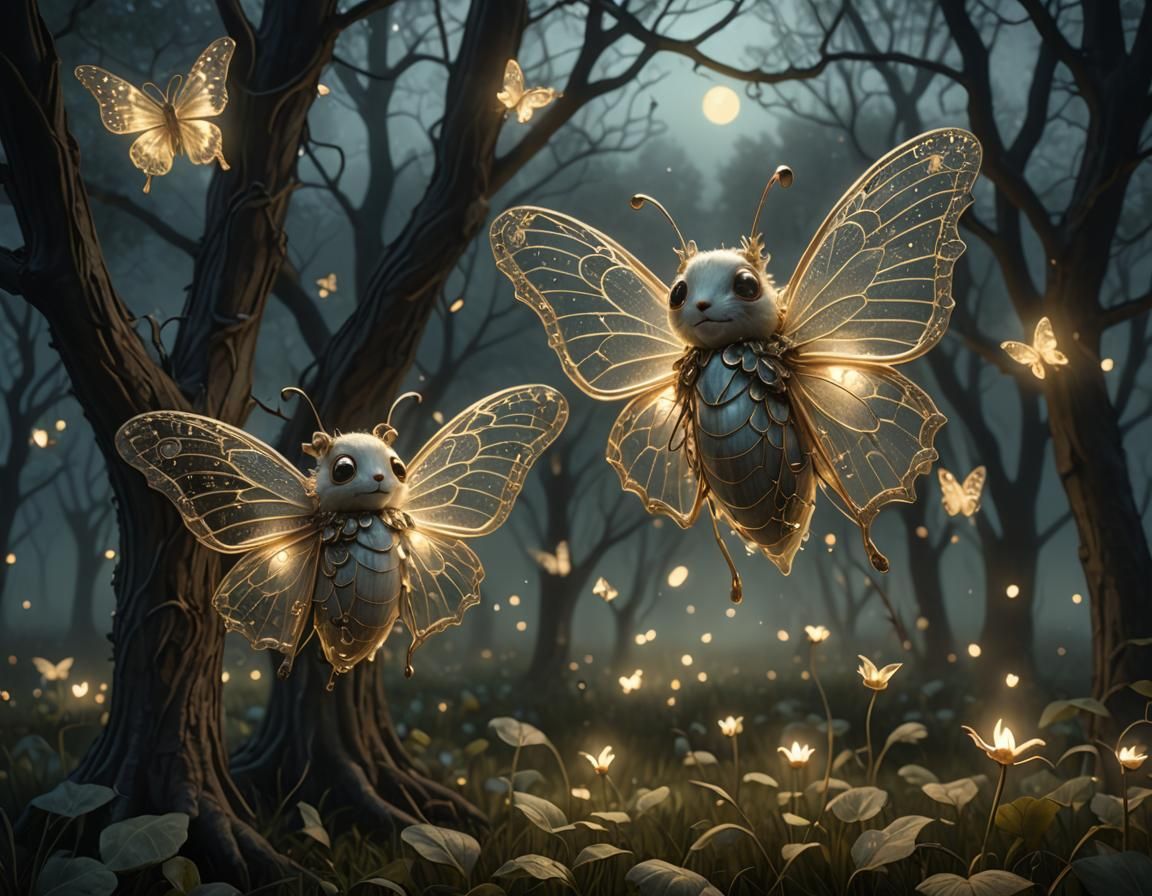 Ghost Mice with Butterfly Wings in Moonlit Orchard