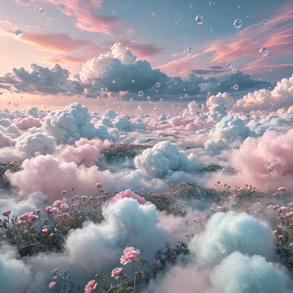 Whimsical Hellscape: Clouds, Flowers, and Bubbles