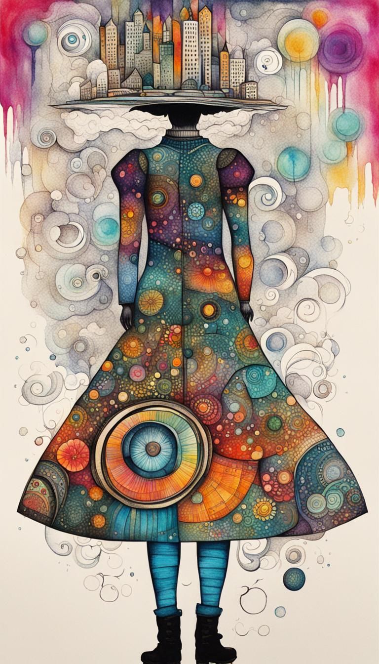 Whimsical Android Inverted Ink Drawing