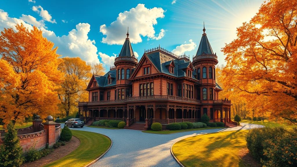 Majestic Victorian Mansion Amidst Sun-Kissed Landscape in Oi...