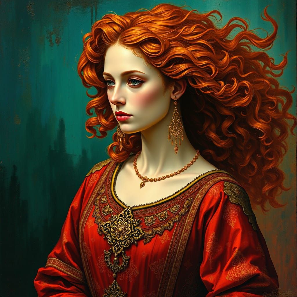 Medieval Queen in Flaming Red Robe, Inspired by Klimt
