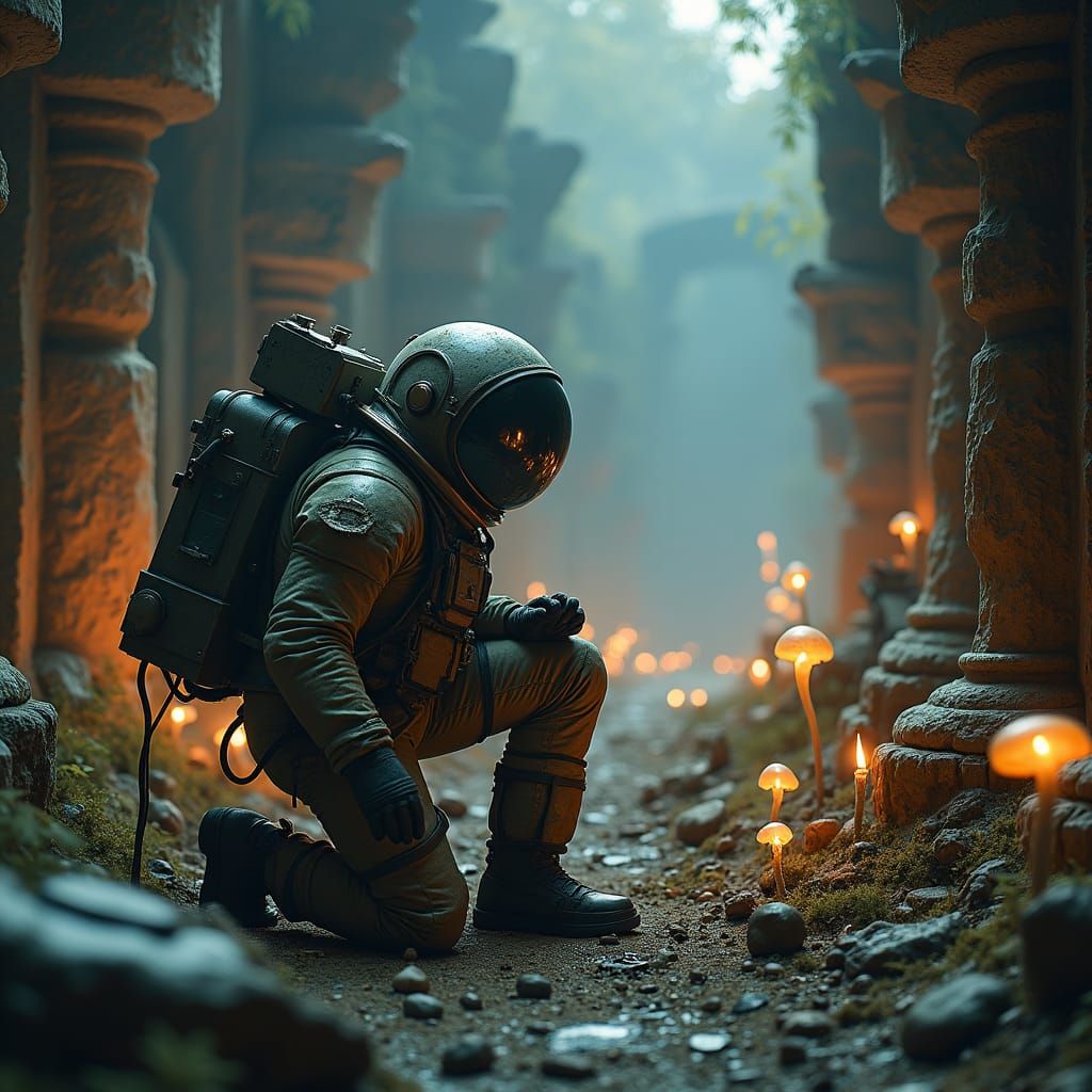 Astronaut Examines Relics in Ancient Ruins