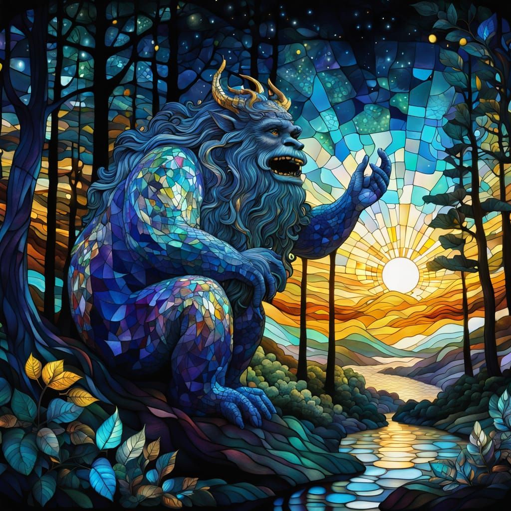 Gustav Klimt Style Stained Glass Deity of a Forest Monster