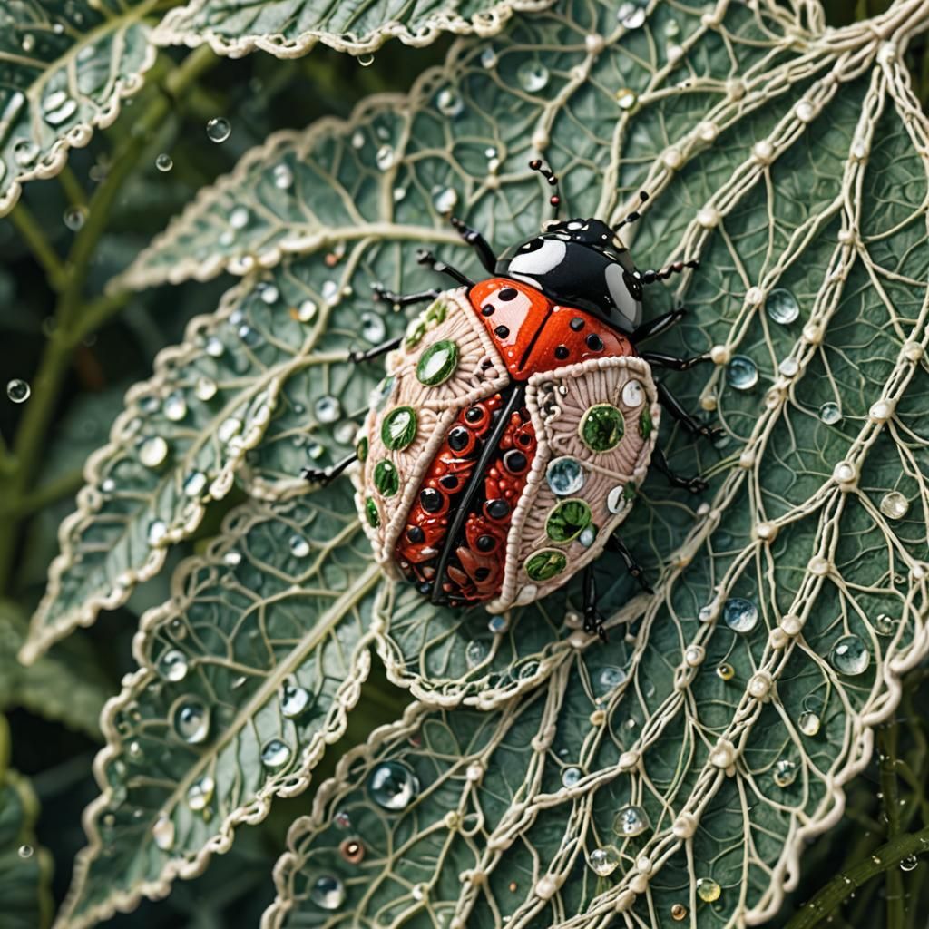 Colorful Macrame Ladybug on Leaf: Fiber Art