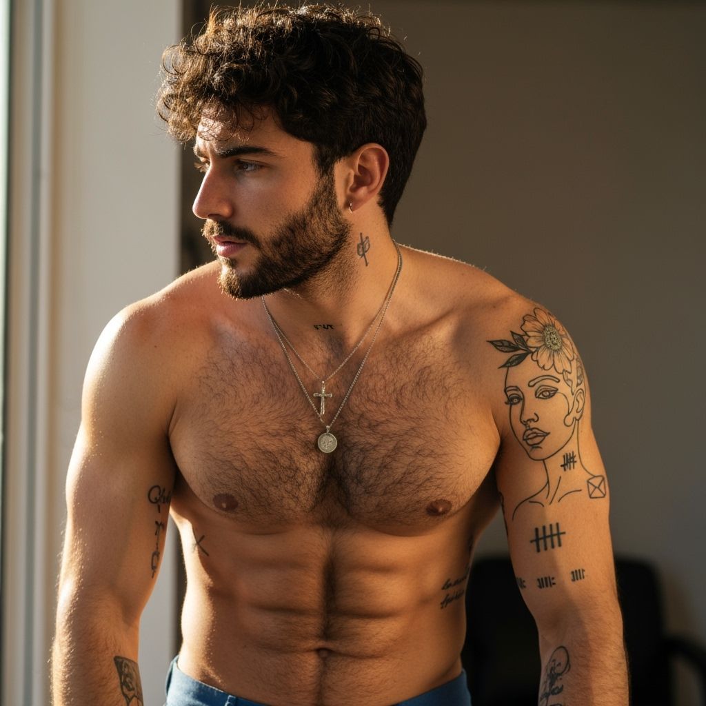 Muscular Man with Tattoos in Warm Indoor Light