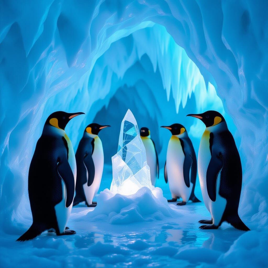 Penguins as Curators in Ethereal Ice Gallery