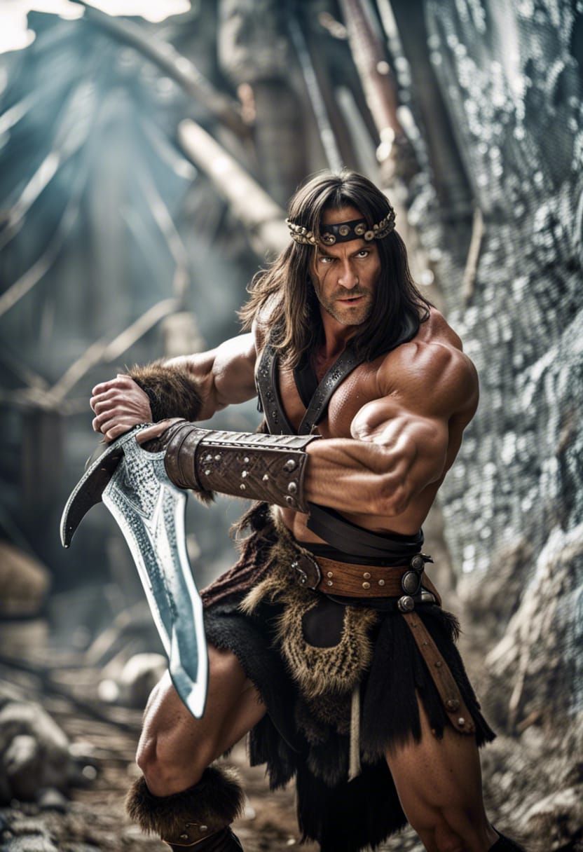 Action hero Conan the Barbarian in an action scene swinging his greatsword at skeleton enemies, muscular physical, shirt...