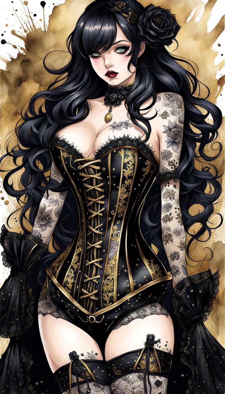 Gothic Anime Girl in Watercolor Ink Splatter Art