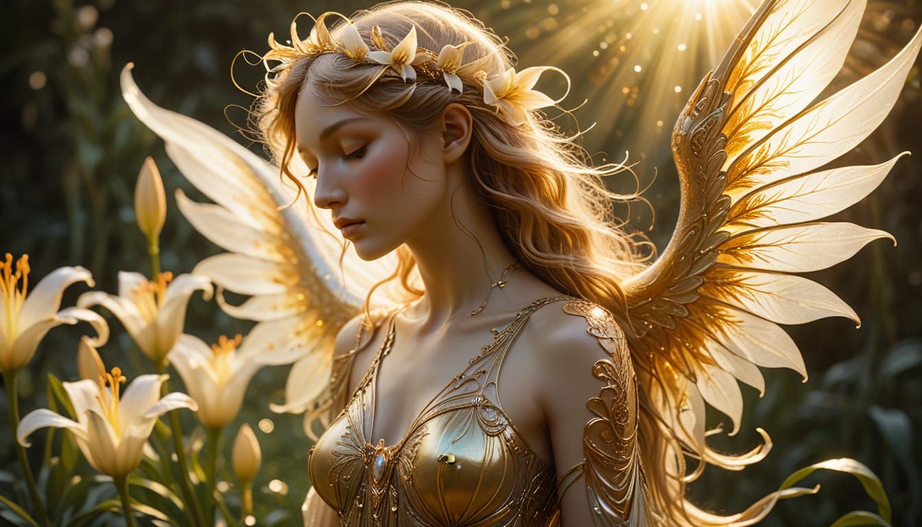 Angelic Figure in Lily Field, Art Nouveau Style