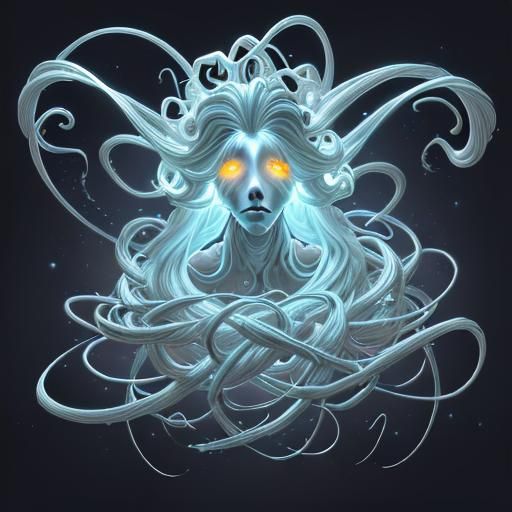 the swirling mass, a vaguely humanoid form takes shape. The "head" is a concentration of brighter light, with wispy tend...