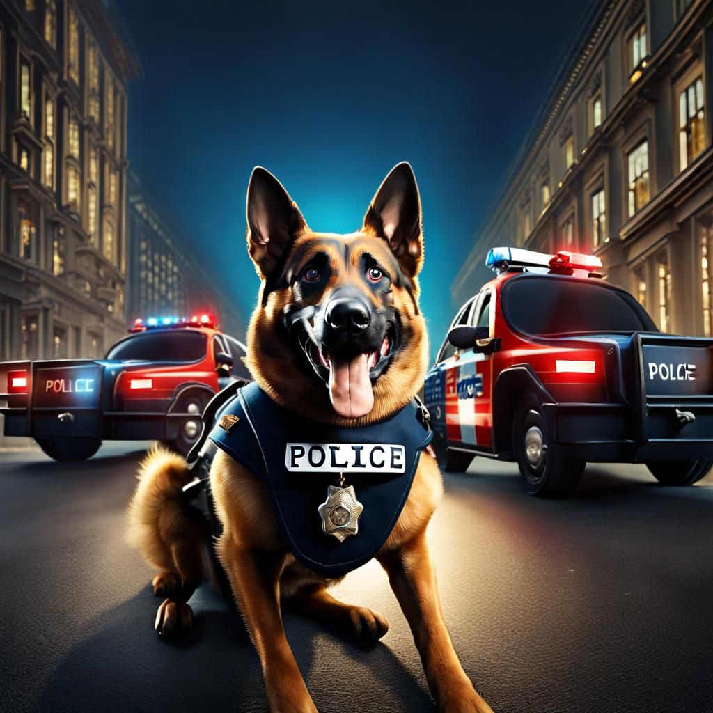 Happy Police Dog Crime Fighter in Whimsical Style