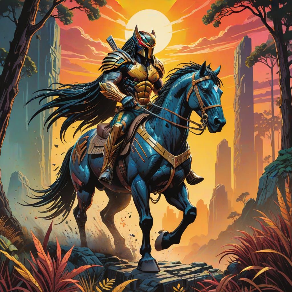 The Predator Riding Horse in Comic Book Art Style
