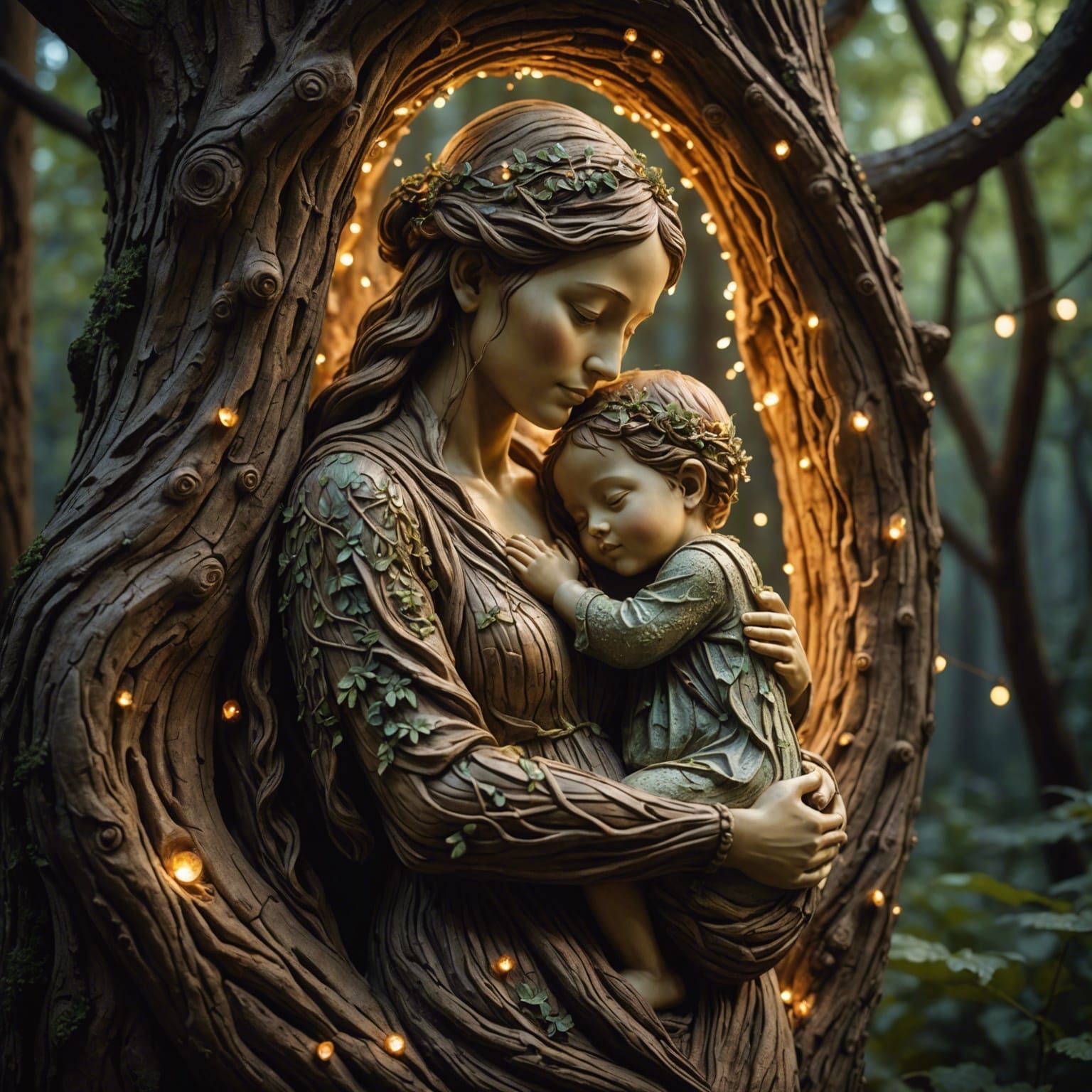 Mother and Child Tree Sculpture in Dusk