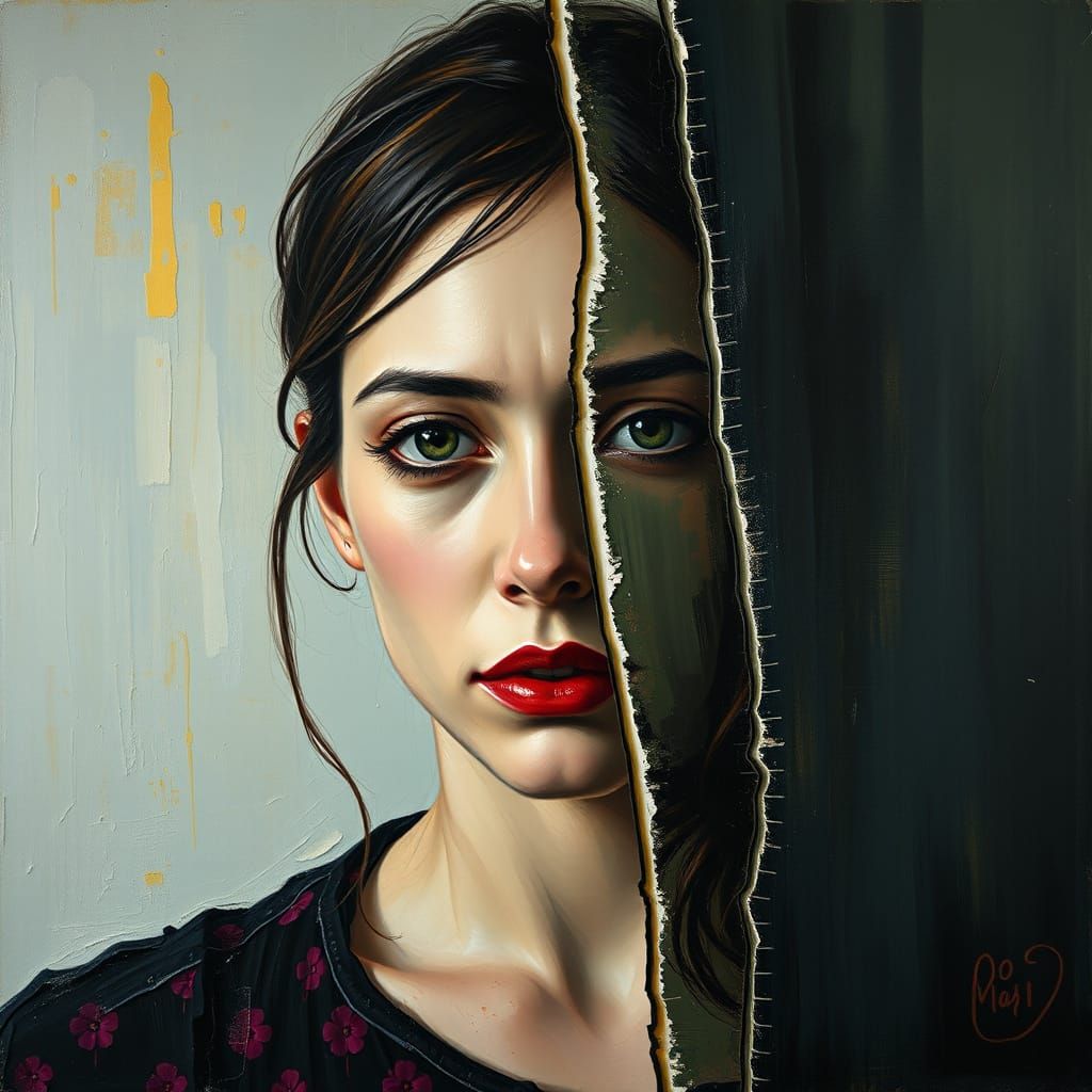 Glitching Woman in Digital World as Impasto Painting