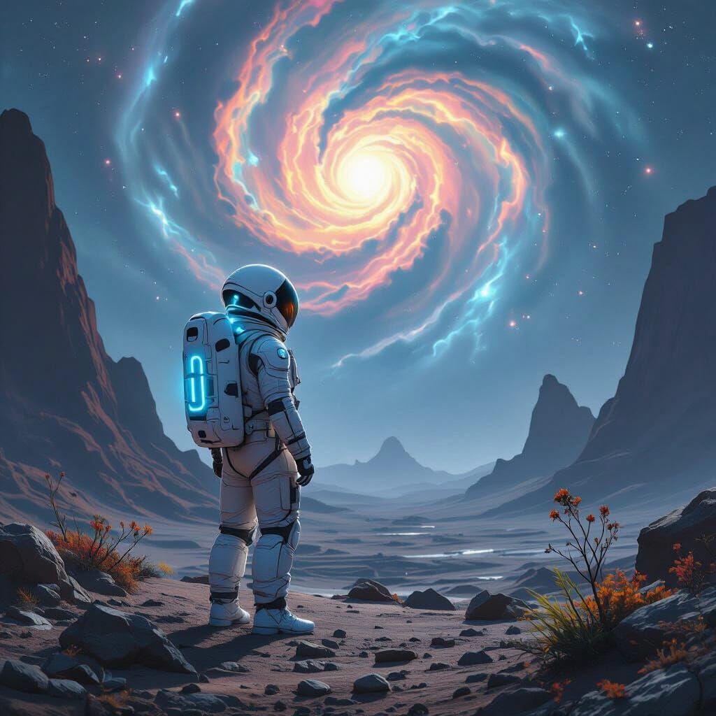 Astronaut on Alien Planet Gazing at Nebula