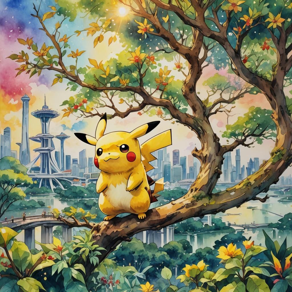 Pikachu at Singapore's Gardens in Watercolor Anime