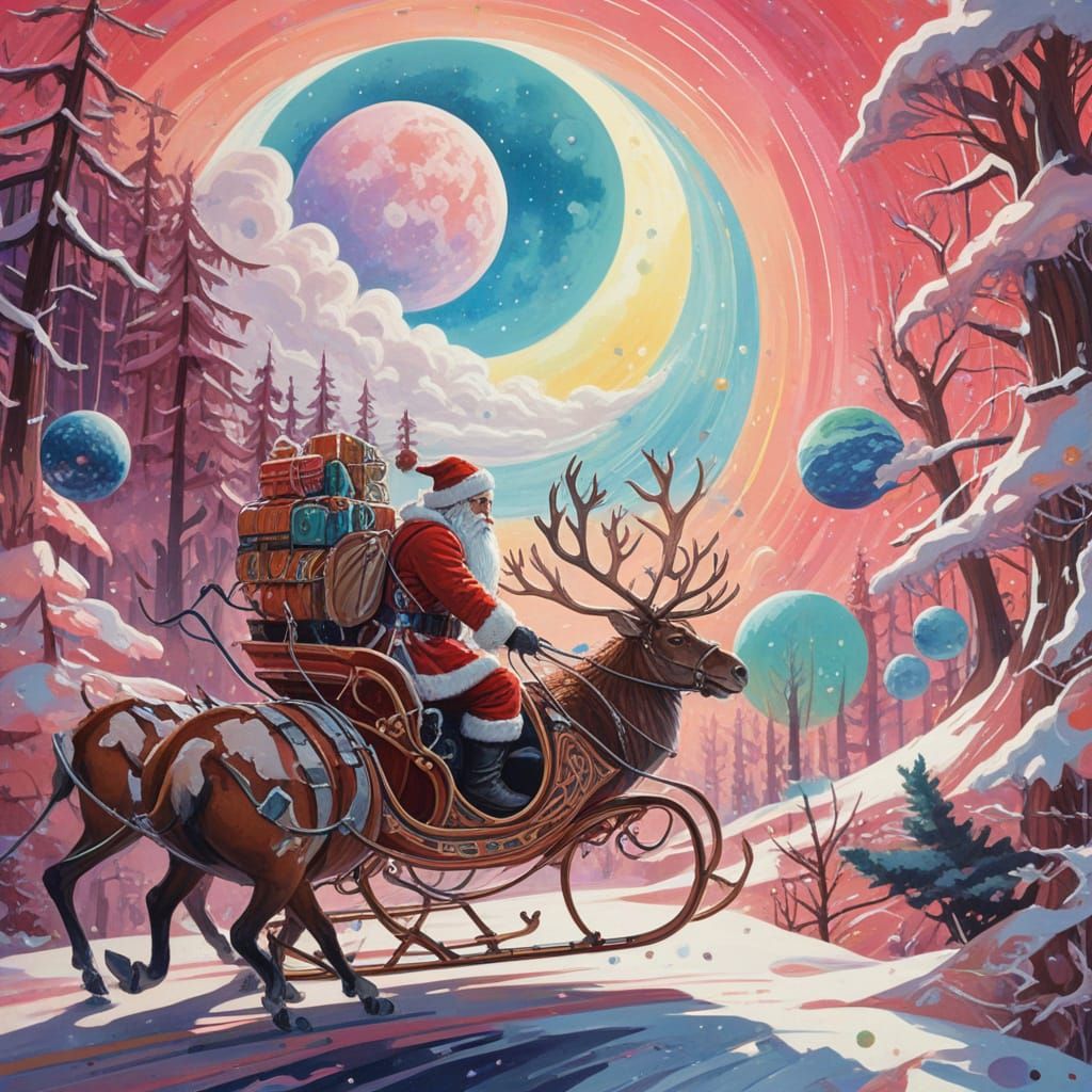 Futuristic Santa Claus in Cosmic Spacesuit Sleigh Ride