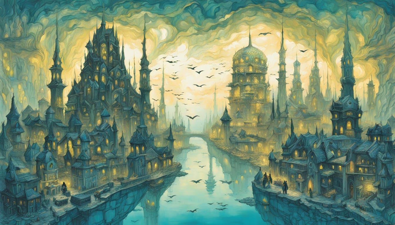 Underwater Metropolis with Leviathans, Yoshitaka Amano Style