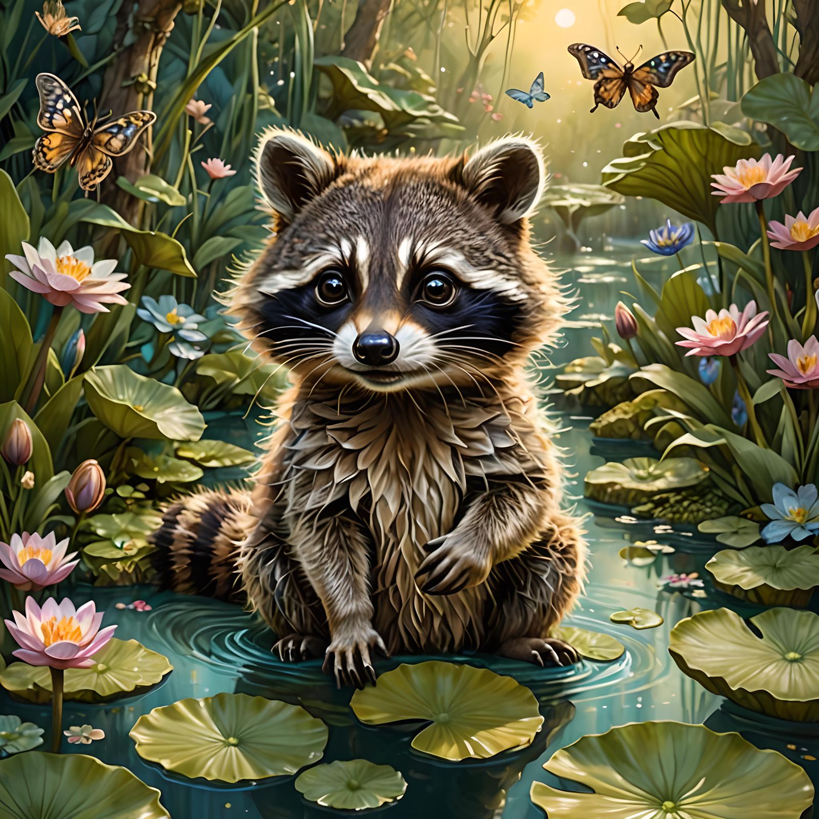Cute Raccoon in Fairytale Lagoon Illustration