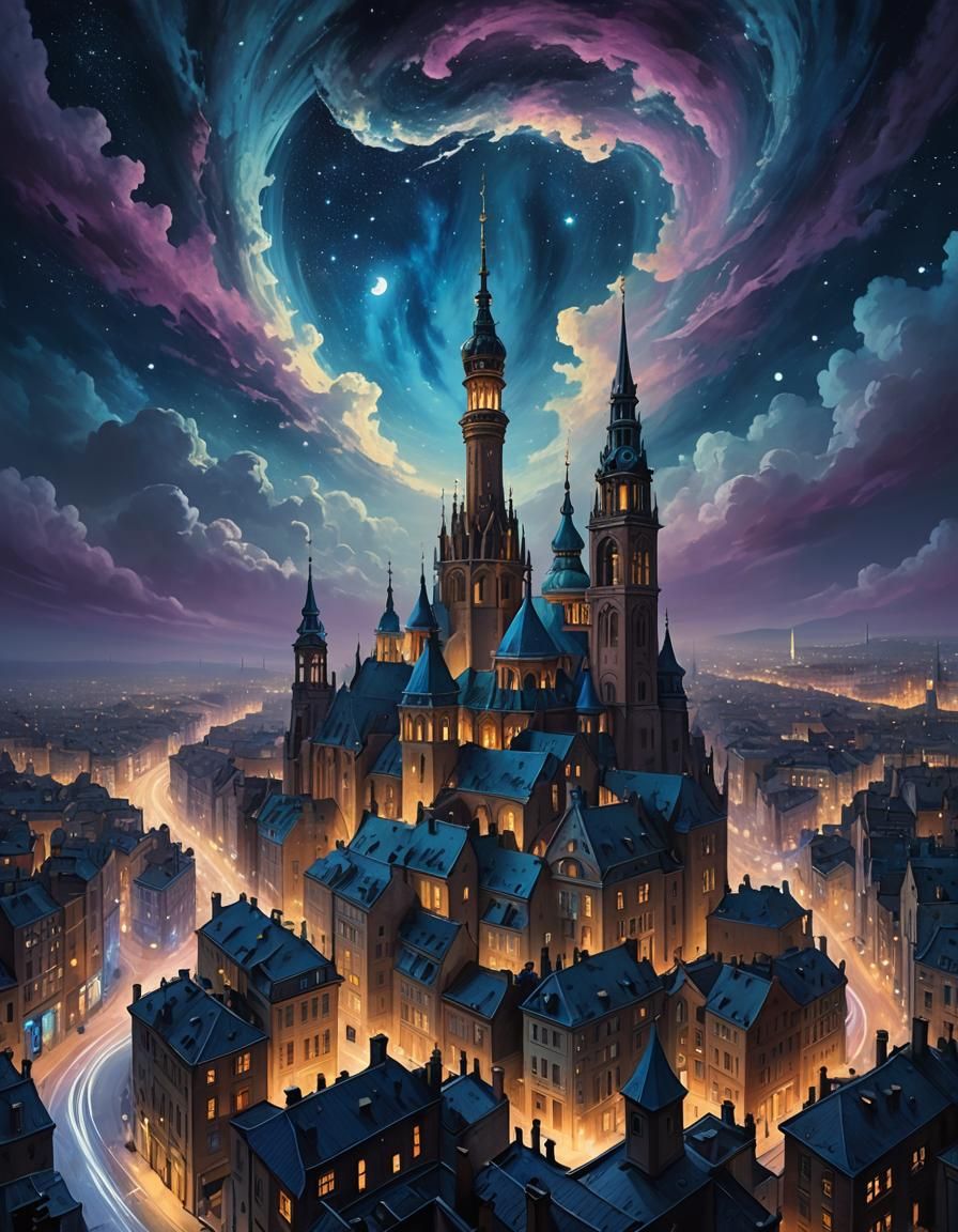 Zaffre Starry Night: Surreal Dreamlike Cityscape