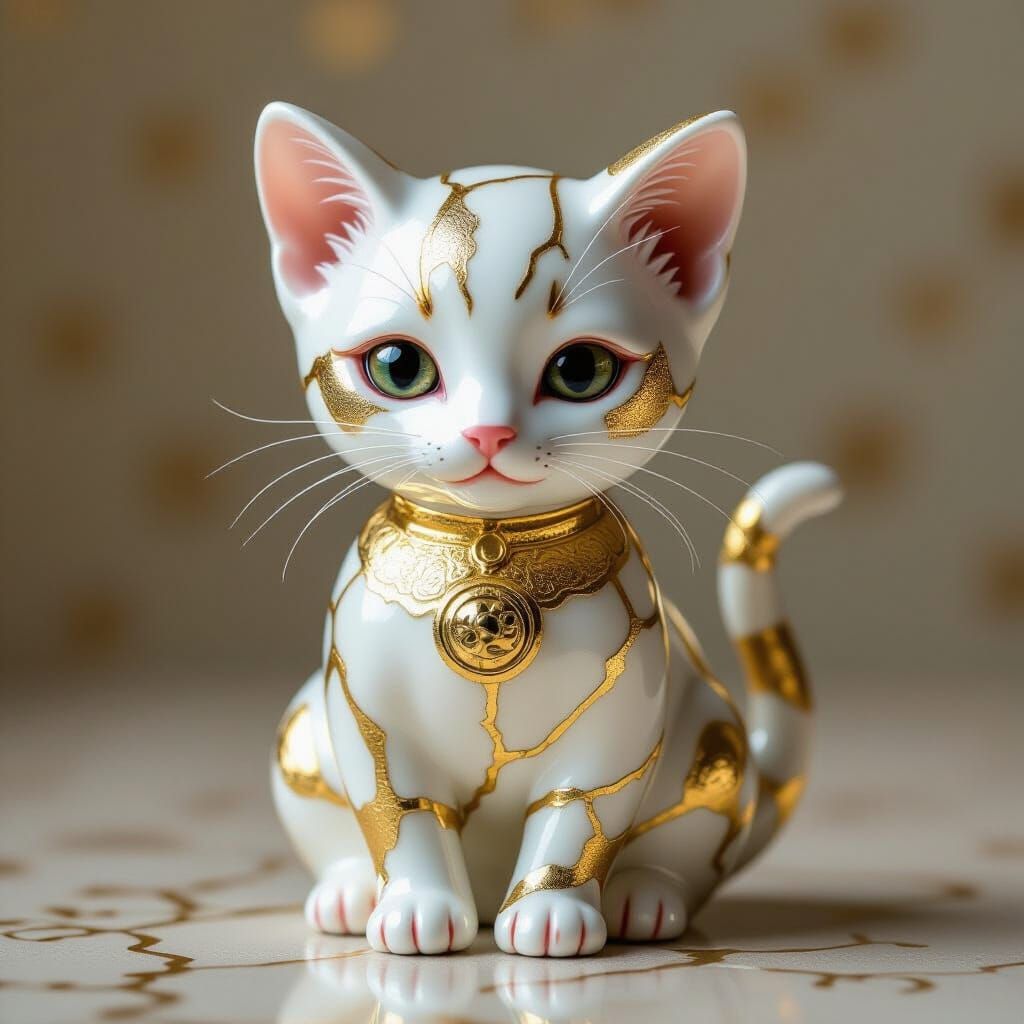 Kintsugi Kitten in Porcelain With Gold Luster