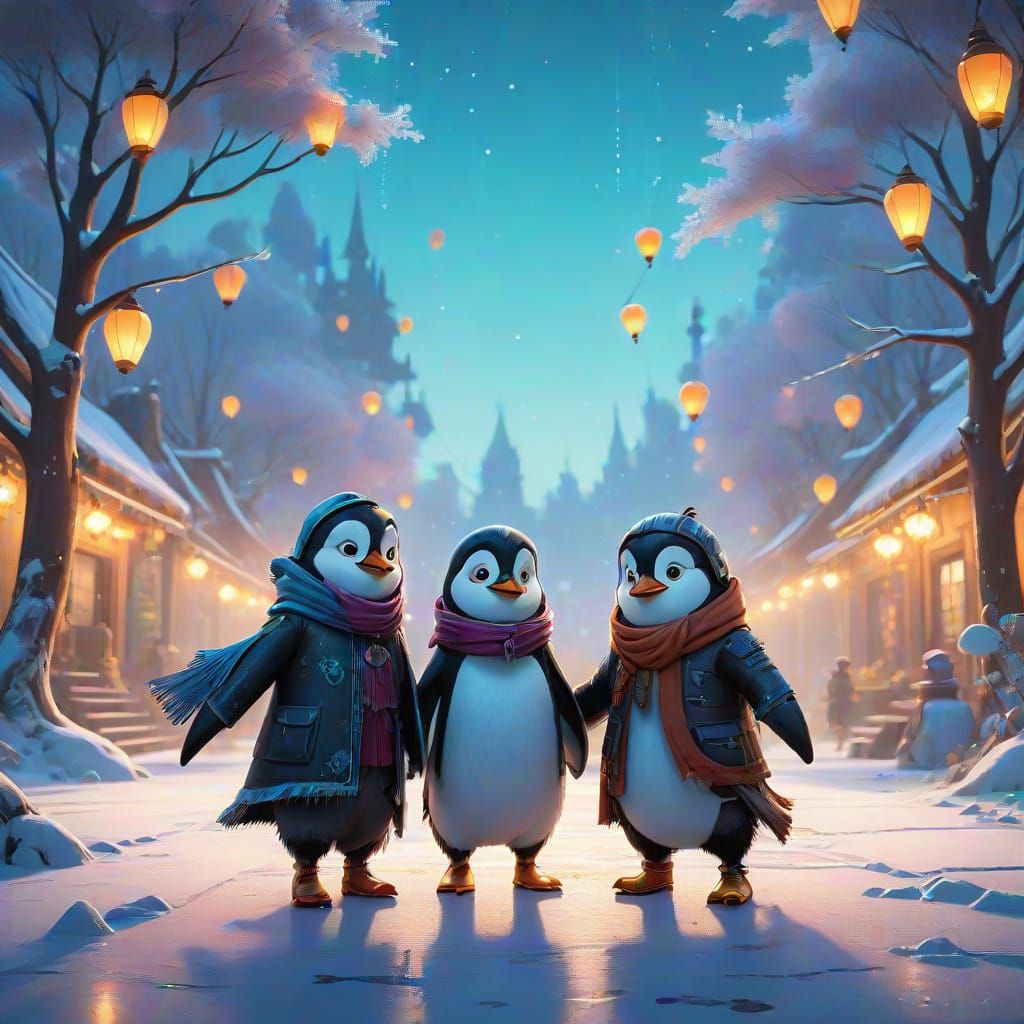 Penguin Couple in Whimsical Icy Dance