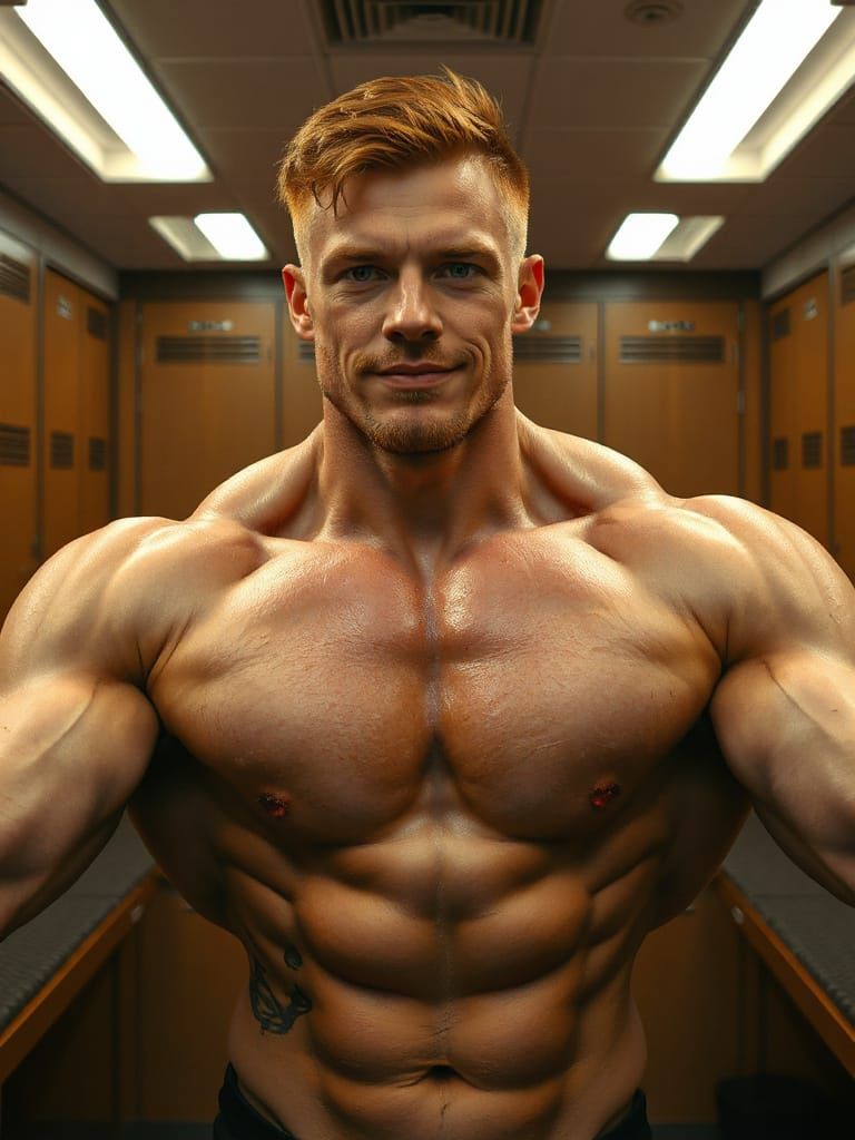 Hyper-Muscular Man in Locker Room Selfie