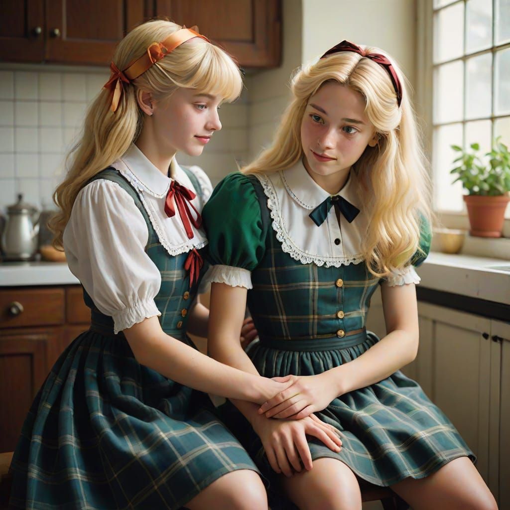 Tender Moment: Woman Mends Skirt for Crossdressed Young Man