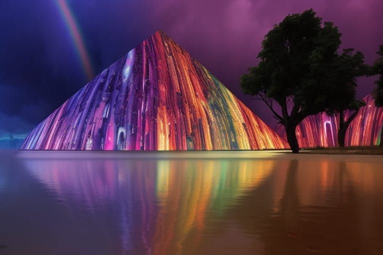 Rainbow Storm Over Cyberpunk City Ruins