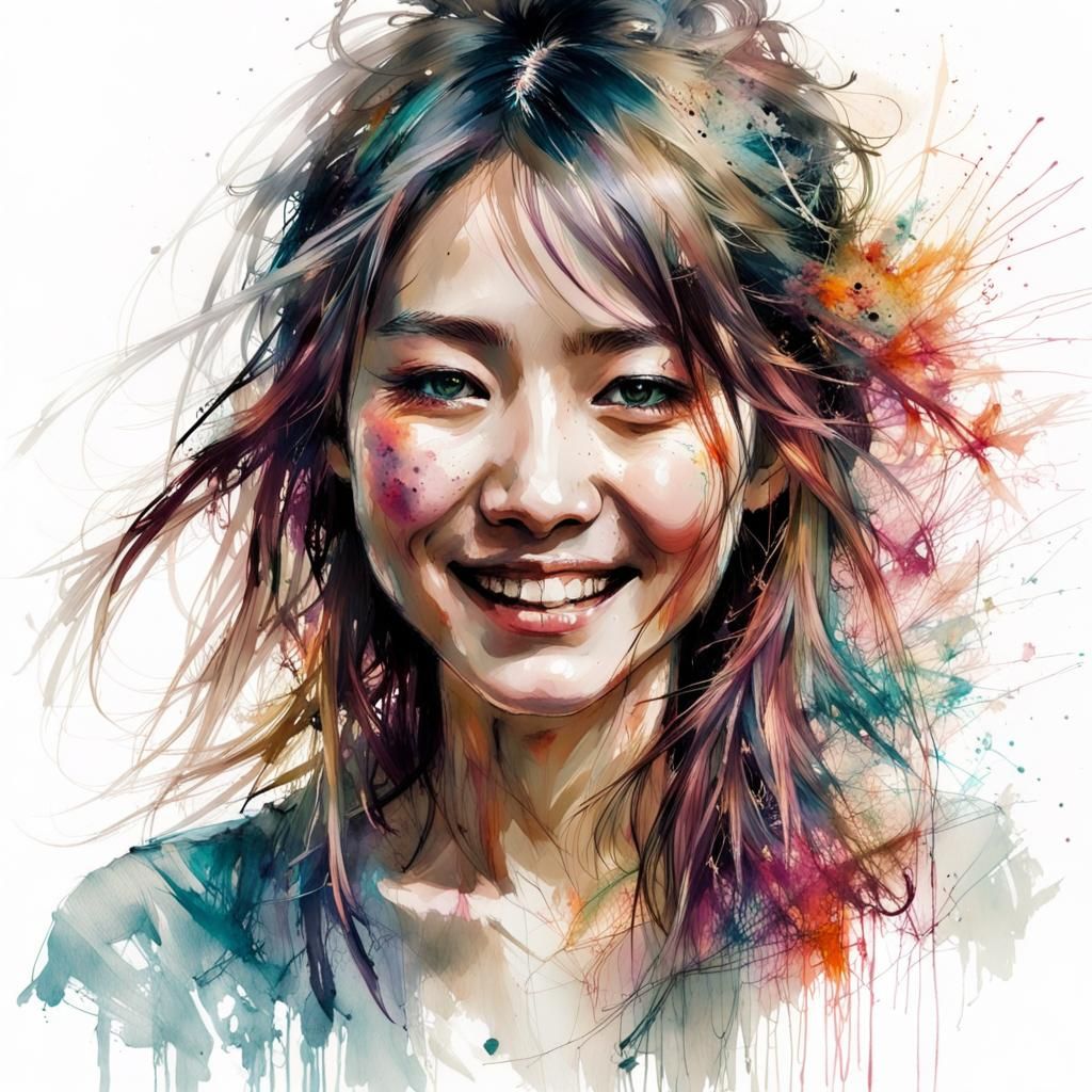 Japanese Woman Portrait in Ink and Watercolor Style