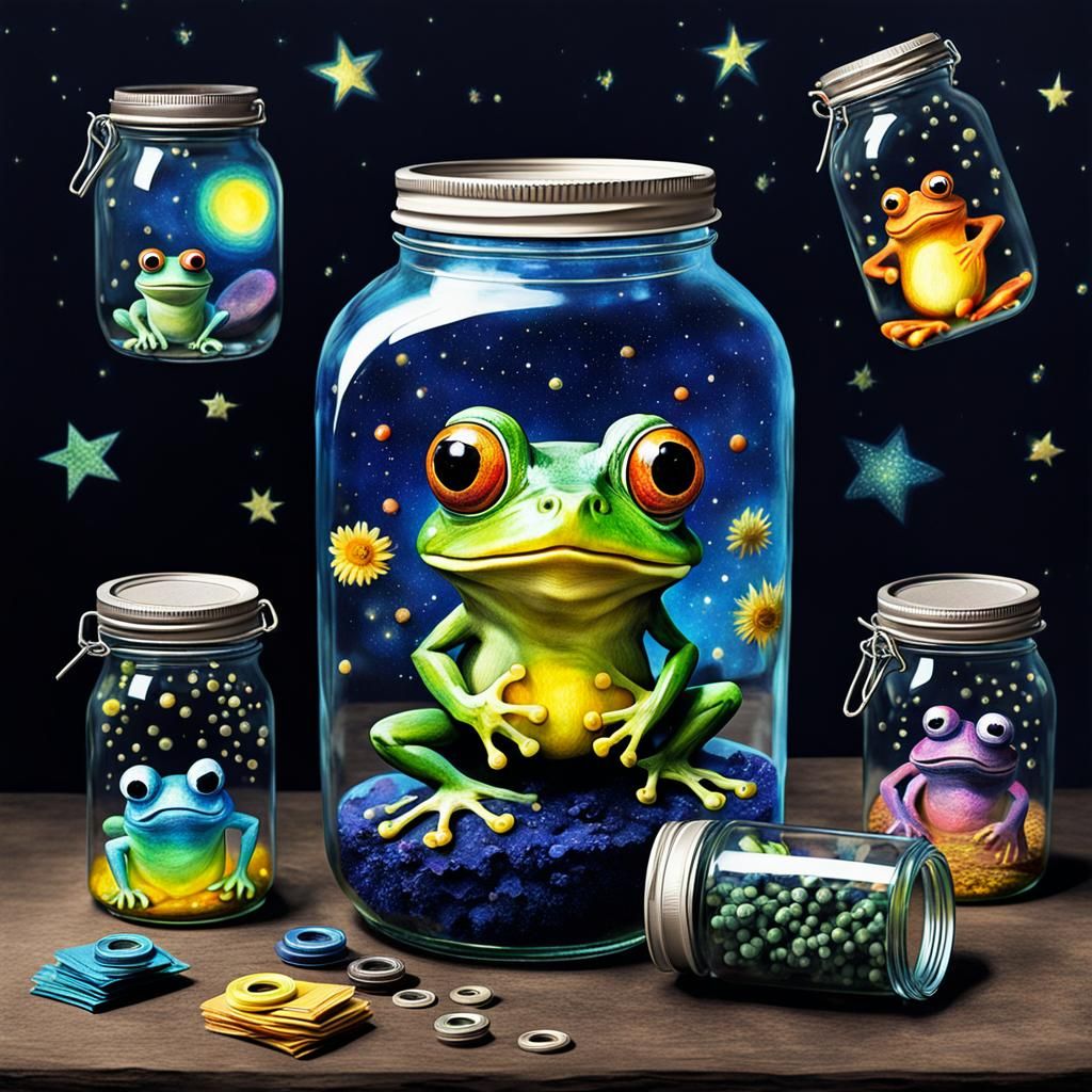 Gothic Googly-Eyed Frog with Jars, Van Gogh Style