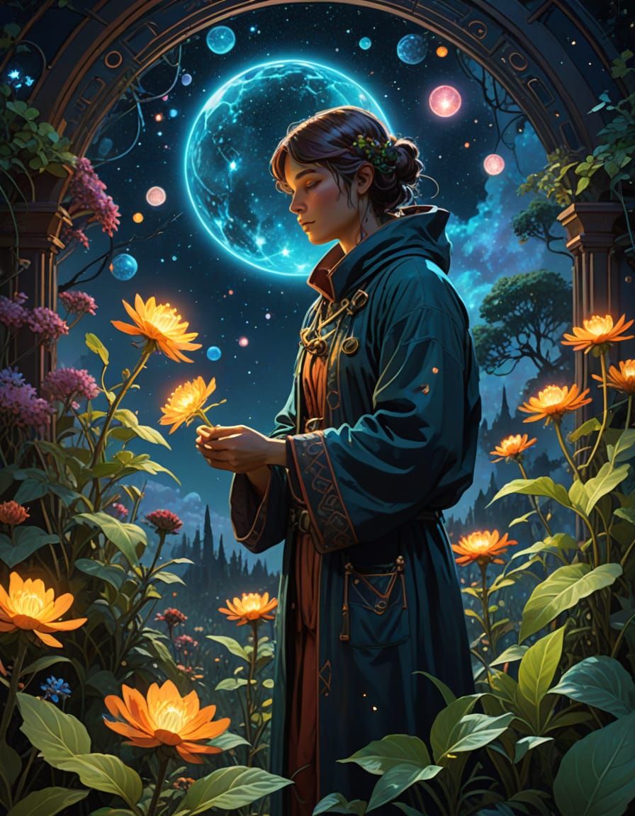 Cosmic Herbalist Tending Glowing Plants in Nebula Garden