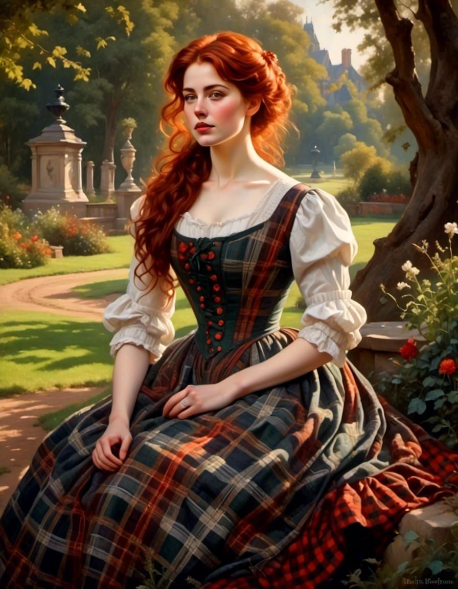 Victorian Woman with Auburn Hair in Plaid Dress