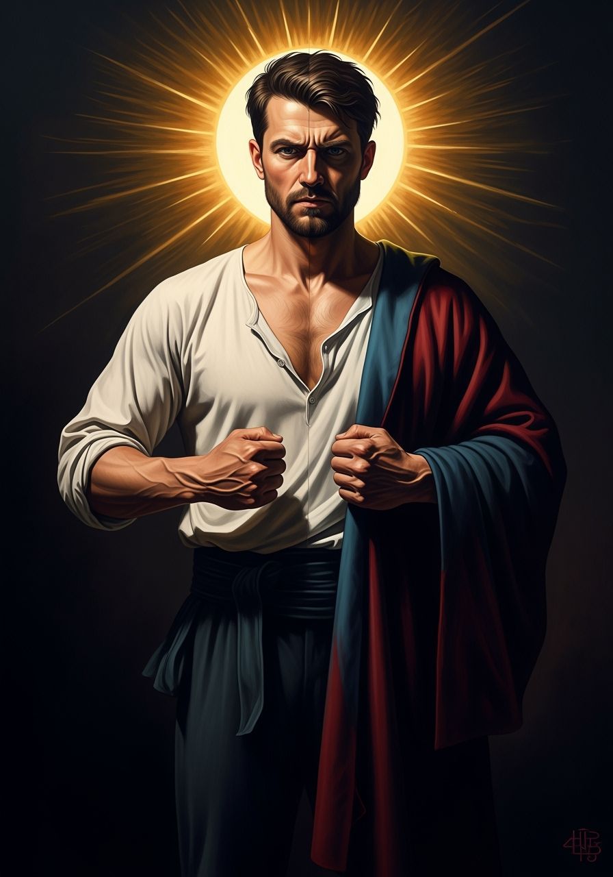 Masculine Figure Embodies Winter Sun Warmth and Sternness