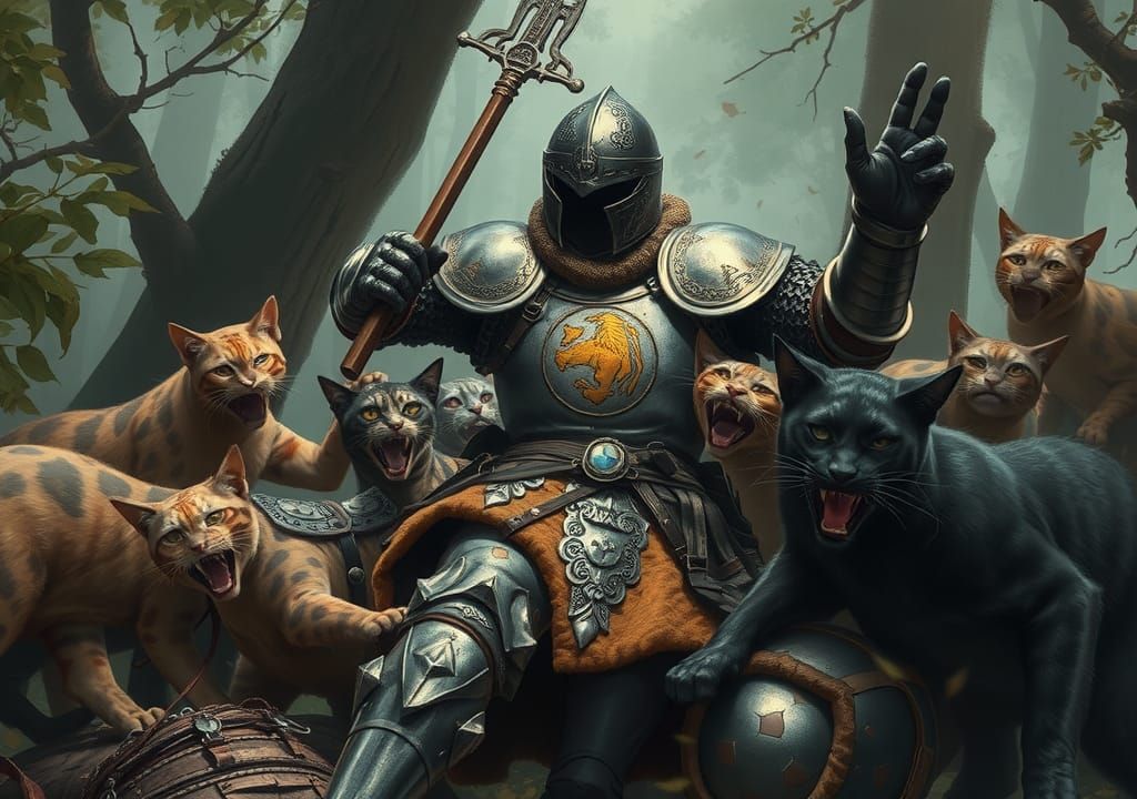 Knight's Feline Foe: Gothic Armor in Forest Battle