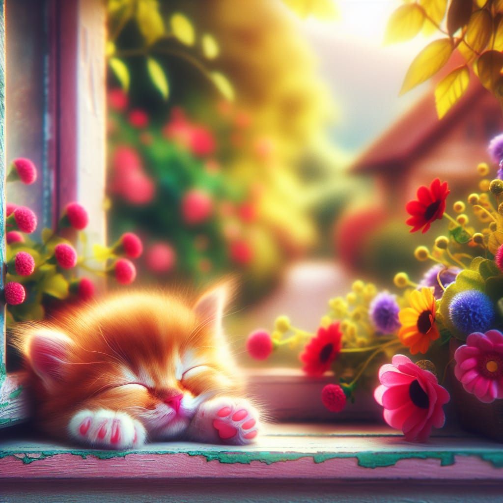 Kitten Nap on Sunny Windowsill with Flowers