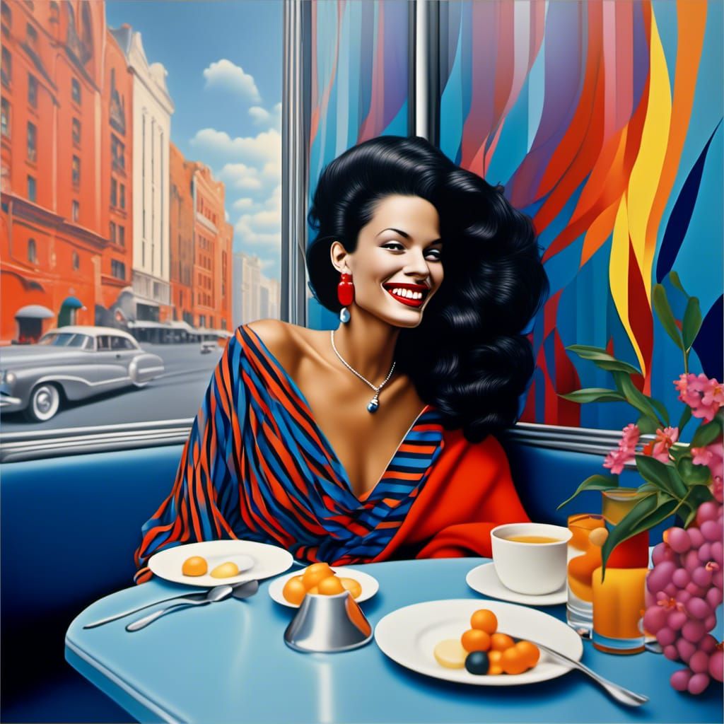 Modern Woman Enjoying Tea in Cafe: Photorealistic Portrait