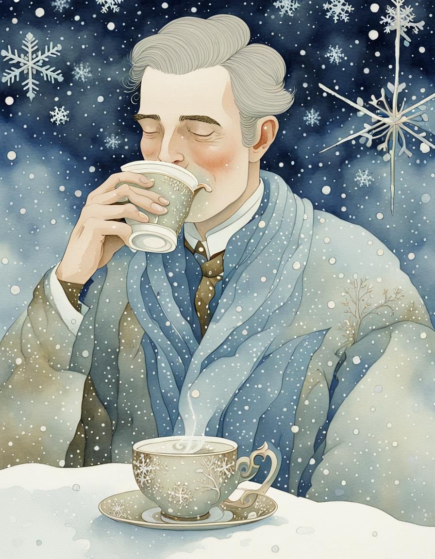 Whimsical Winter Coffee Scene in Watercolor